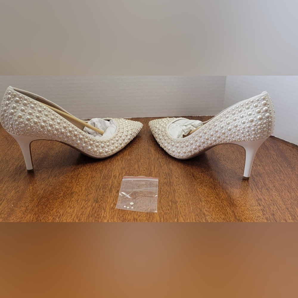 INC International Concepts Pearl-Studded Cream Heels - Picture 3 of 7